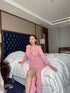 Ladies See Through Deep Neckline Ruffle Side Slit Long Dress